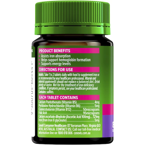 Cenovis Iron Plus Tablets for Women’s Health 80 Pack – Iron supplement supporting energy levels and reducing tiredness, formulated for women’s daily health.
