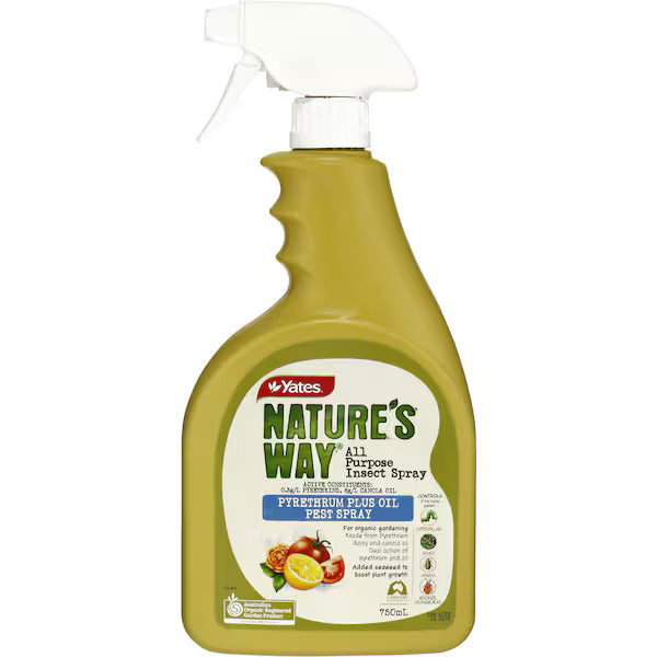 Yates Insect Spray Nature's Way All Purpose 750ml bottle designed for effective pest control in gardens, with natural ingredients.