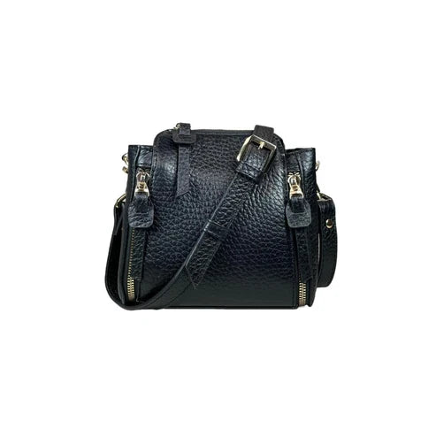 LeatherLuxe elegant black leather handbag for women – premium shoulder bag with sleek design and gold accents