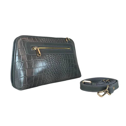 LeatherLuxe silver leather clutch and crossbody bag with detachable shoulder strap, elegant metallic finish, and minimalist luxury design for evening and casual wear.