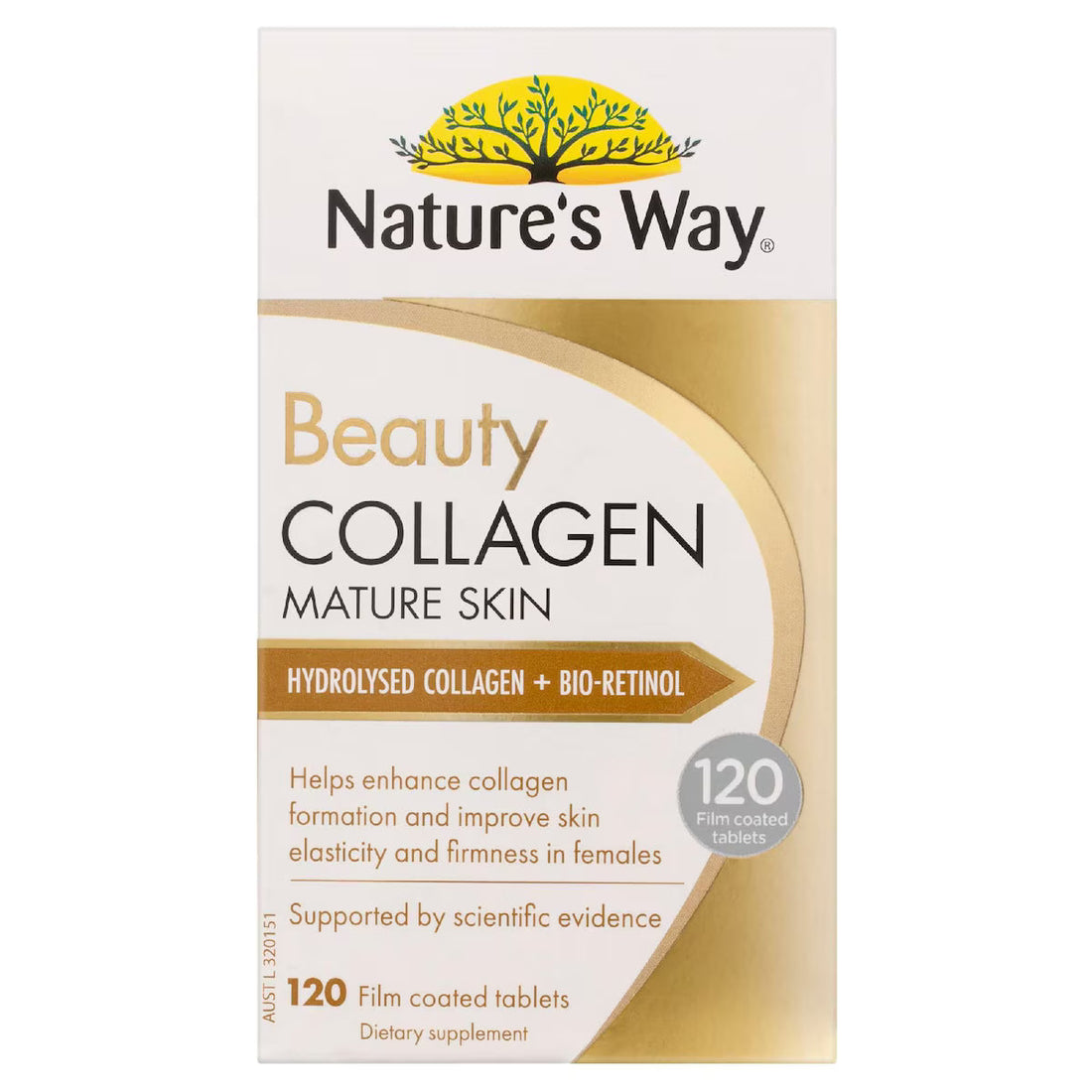 Nature's Way Beauty Collagen Mature Skin Film Coated Tablets 120 Pack, designed to support healthy skin and promote a youthful appearance with collagen supplements for mature skin.