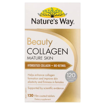 Nature's Way Beauty Collagen Mature Skin Film Coated Tablets 120 Pack, designed to support healthy skin and promote a youthful appearance with collagen supplements for mature skin.