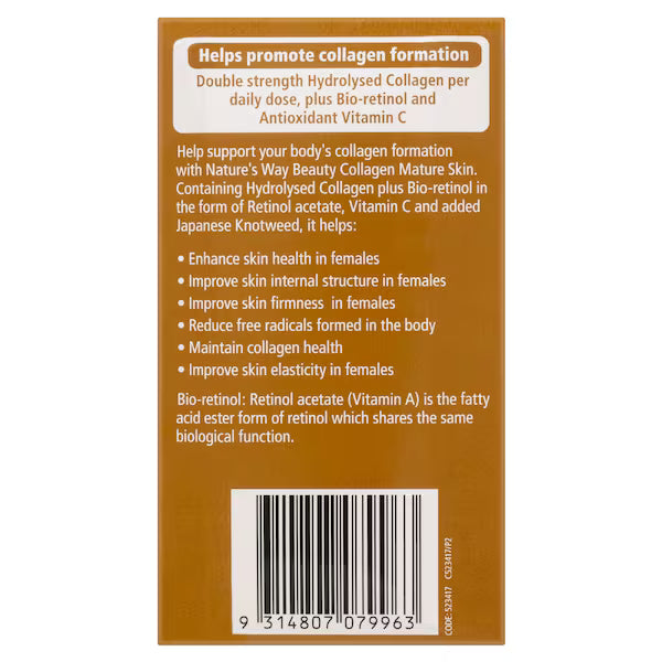 Nature's Way Beauty Collagen Mature Skin Film Coated Tablets 120 Pack, designed to support healthy skin and promote a youthful appearance with collagen supplements for mature skin.