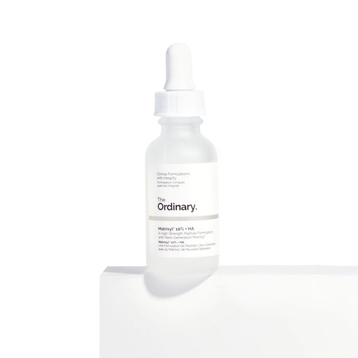 The Ordinary Matrixyl 10% + HA 30mL serum bottle with anti-aging benefits.