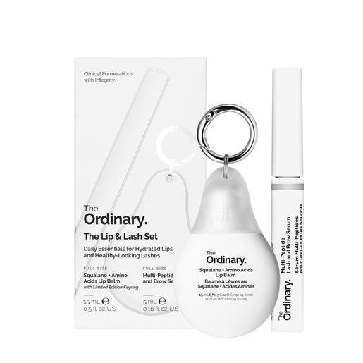 Close-up of The Ordinary Lip & Lash skincare set