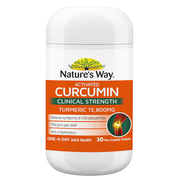 Nature's Way Activated Curcumin 30 pack supplement bottle on white background, premium turmeric extract capsules for joint health and inflammation support.