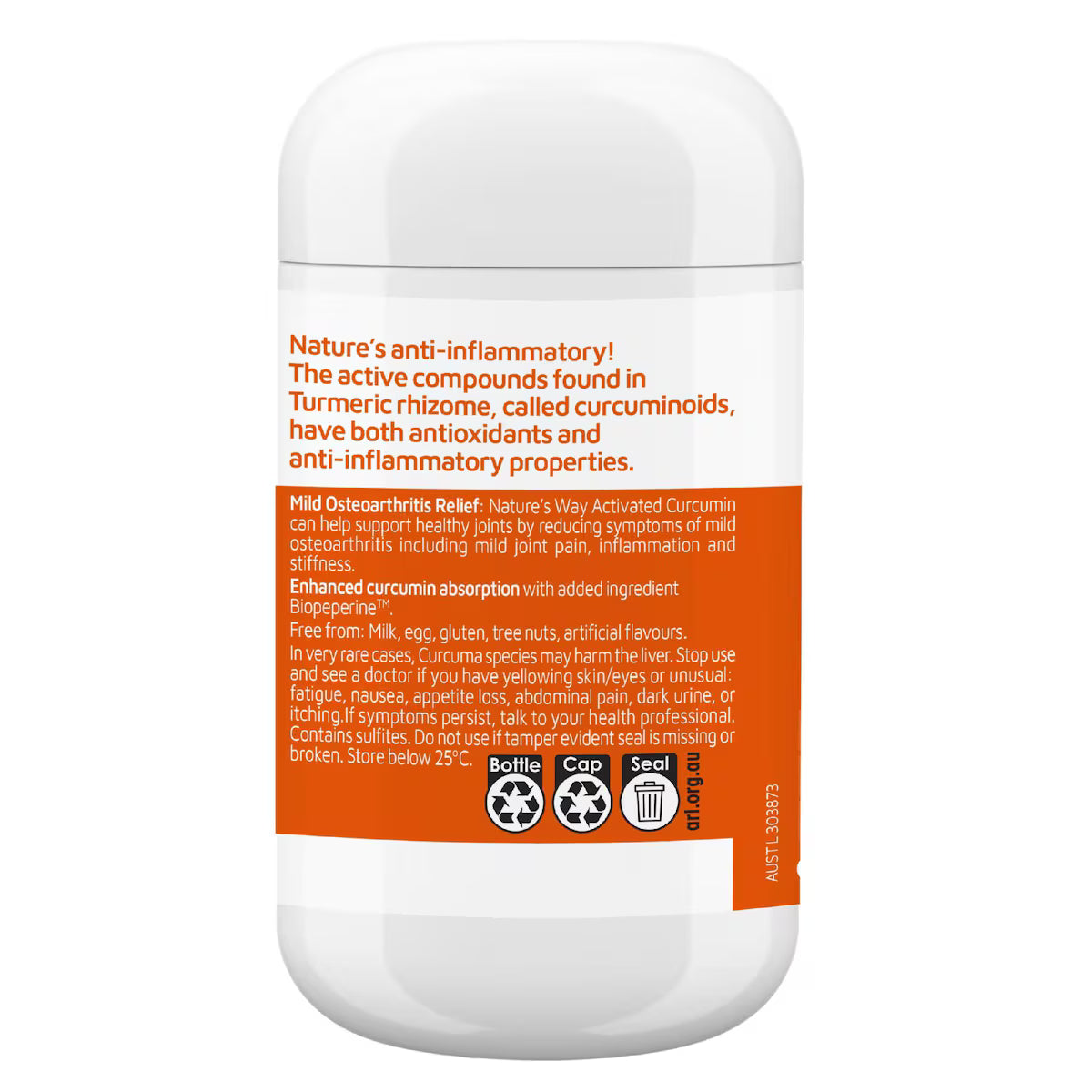 Nature's Way Activated Curcumin 30 pack supplement bottle on white background, premium turmeric extract capsules for joint health and inflammation support.