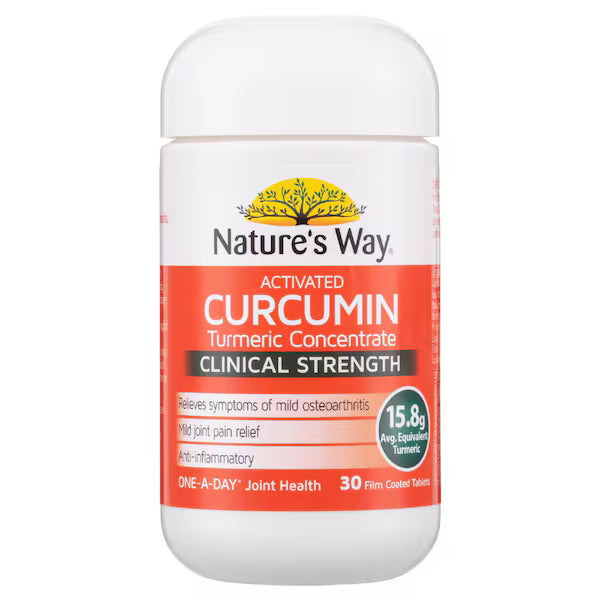 Nature's Way Activated Curcumin 30 pack supplement bottle on white background, premium turmeric extract capsules for joint health and inflammation support.