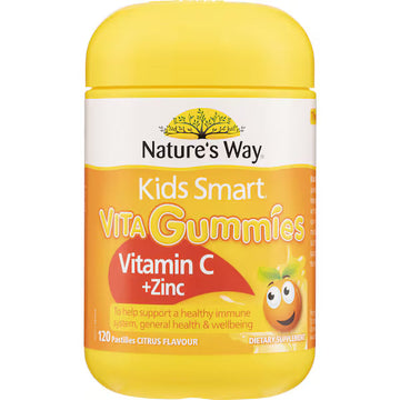Nature's Way Kids Smart Vita Gummies Vitamin C Plus Zinc 120 pack, packed with essential vitamins and minerals for immune support and overall health for children.