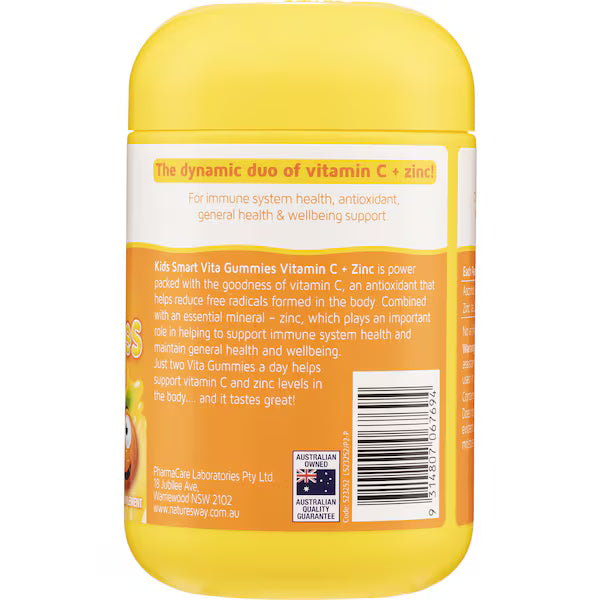 Nature's Way Kids Smart Vita Gummies Vitamin C Plus Zinc 120 pack, packed with essential vitamins and minerals for immune support and overall health for children.