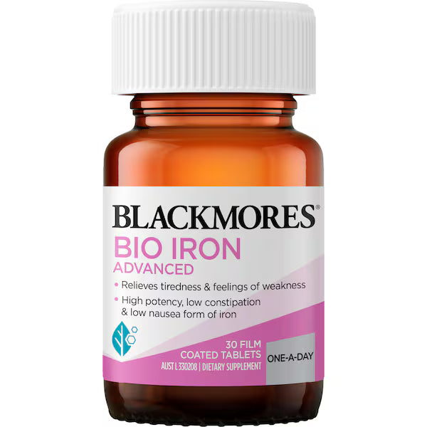 Blackmores Bio Iron Advanced Energy Support Tablets 30 pack — dietary supplement for healthy iron levels and energy support in convenient blister pack.