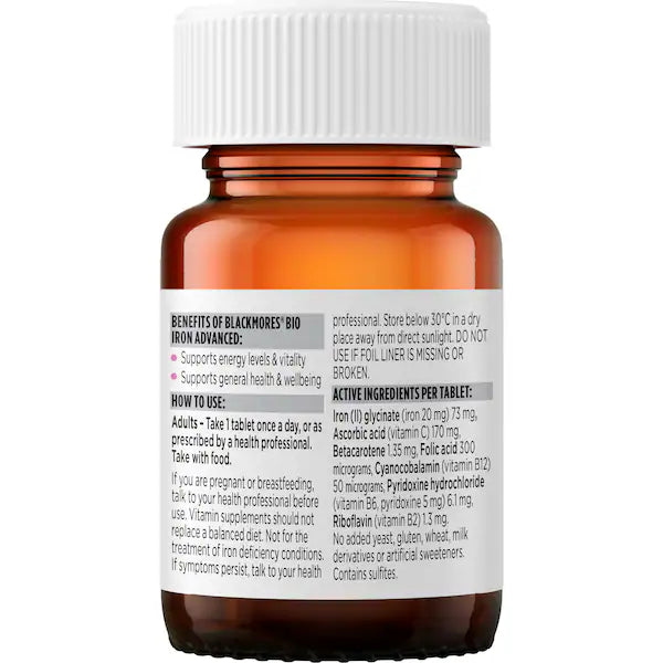 Blackmores Bio Iron Advanced Energy Support Tablets 30 pack — dietary supplement for healthy iron levels and energy support in convenient blister pack.