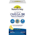 Nature's Way Ultimate Omega 3X Triple Strength Soft Capsules Lemon 60 Pack, featuring high-quality fish oil for heart and brain health, with a refreshing lemon flavor.
