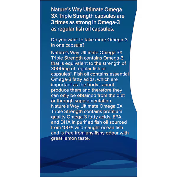 Nature's Way Ultimate Omega 3X Triple Strength Soft Capsules Lemon 60 Pack, featuring high-quality fish oil for heart and brain health, with a refreshing lemon flavor.