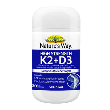 Nature’s Way Vitamin K2 + D3 30 Tablets bottle – bone health and immune support supplement with essential vitamins for calcium absorption.