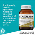 Blackmores Ashwagandha+ Tablets 120 pack, a dietary supplement designed to support stress relief and enhance overall well-being with a potent blend of ashwagandha extract, offering 120 tablets for long-term use.