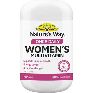 Nature's Way Once Daily Women's Multivitamins bottle with 120 tablets — dietary supplement supporting women's health, energy, and immune system.