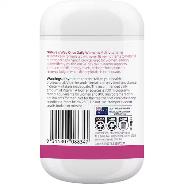 Nature's Way Once Daily Women's Multivitamins bottle with 120 tablets — dietary supplement supporting women's health, energy, and immune system.