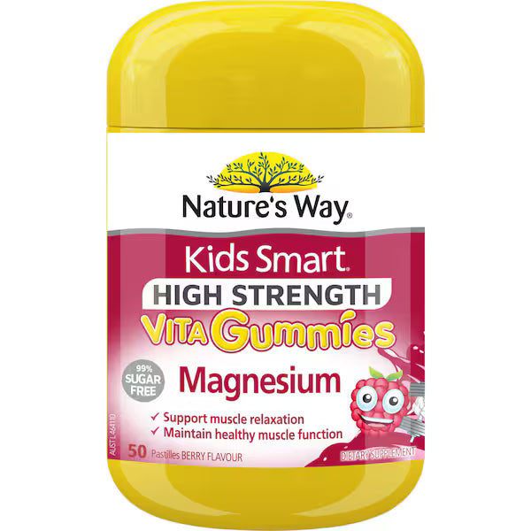 Nature's Way Kids Smart Vita Gummies Magnesium Berry Pastilles 50 pack, a bottle of tasty, berry-flavored gummies designed to support children's magnesium levels and overall well-being.