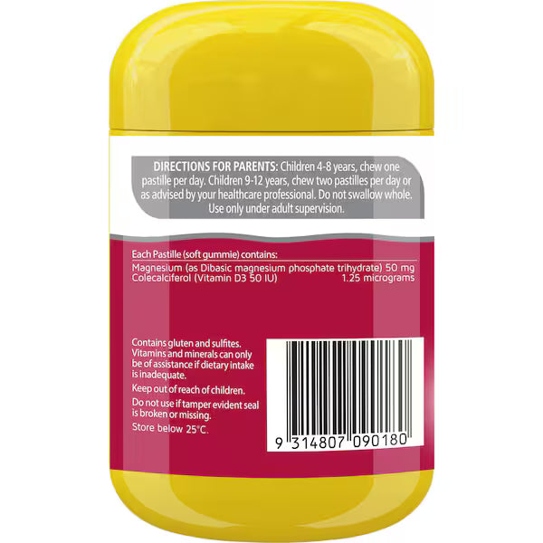 Nature's Way Kids Smart Vita Gummies Magnesium Berry Pastilles 50 pack, a bottle of tasty, berry-flavored gummies designed to support children's magnesium levels and overall well-being.