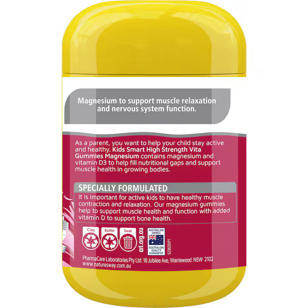 Nature's Way Kids Smart Vita Gummies Magnesium Berry Pastilles 50 pack, a bottle of tasty, berry-flavored gummies designed to support children's magnesium levels and overall well-being.