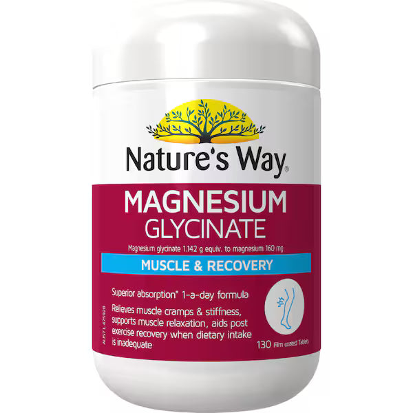 Nature's Way Magnesium Glycinate Tablets 130 pack bottle – premium magnesium supplement for muscle relaxation, energy, and sleep support.