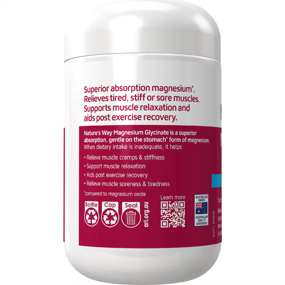 Nature's Way Magnesium Glycinate Tablets 130 pack bottle – premium magnesium supplement for muscle relaxation, energy, and sleep support.