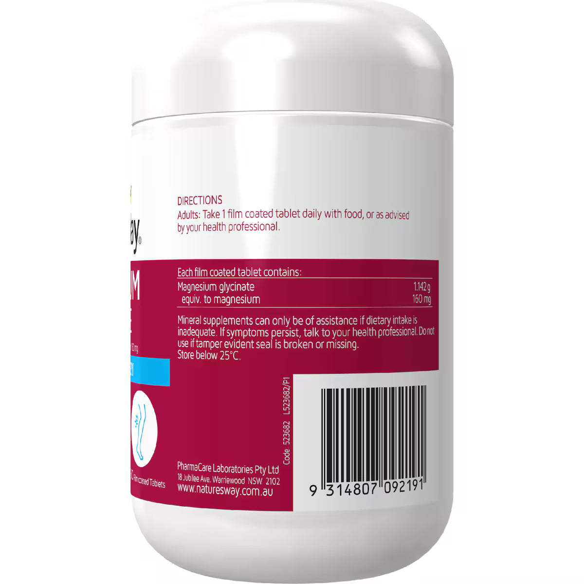 Nature's Way Magnesium Glycinate Tablets 130 pack bottle – premium magnesium supplement for muscle relaxation, energy, and sleep support.