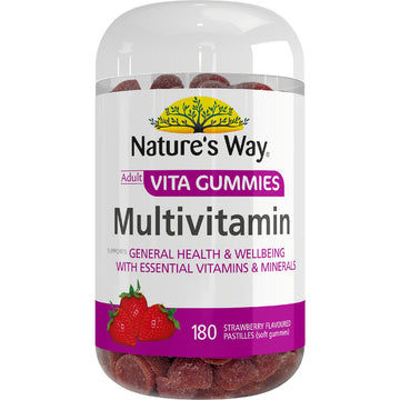 Nature's Way Adult Vita Gummies Multivitamin 180 pack — colorful fruit-flavored multivitamin gummies in a clear container with yellow lid, supporting adult daily health and energy.