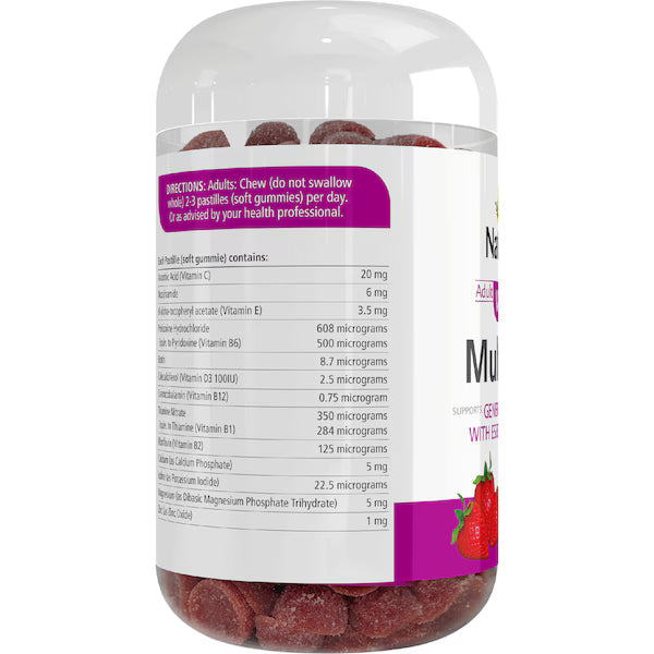 Nature's Way Adult Vita Gummies Multivitamin 180 pack — colorful fruit-flavored multivitamin gummies in a clear container with yellow lid, supporting adult daily health and energy.