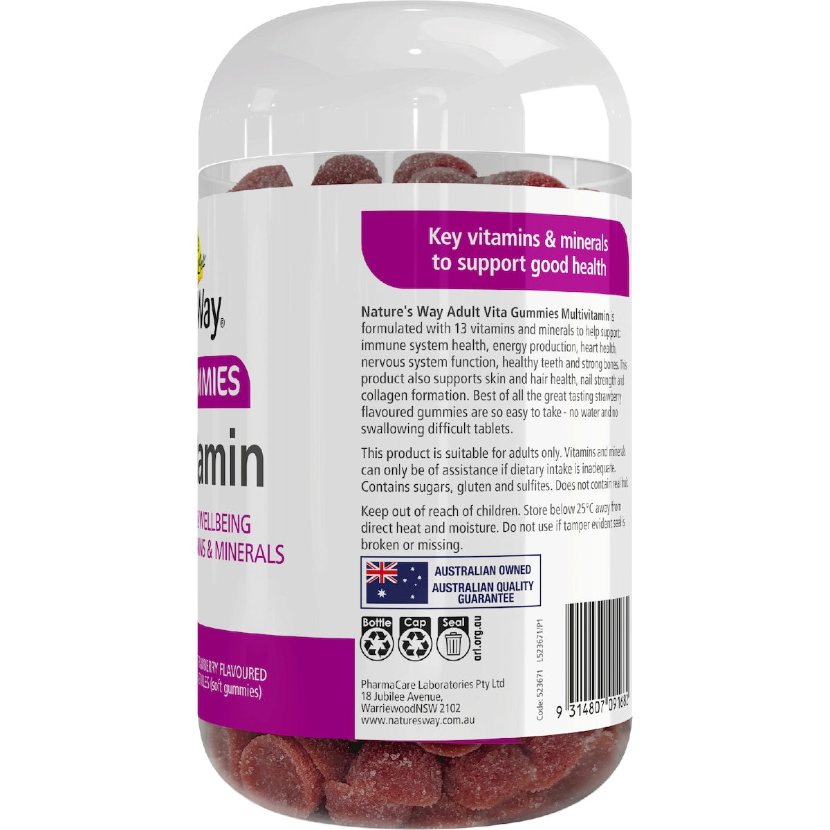 Nature's Way Adult Vita Gummies Multivitamin 180 pack — colorful fruit-flavored multivitamin gummies in a clear container with yellow lid, supporting adult daily health and energy.