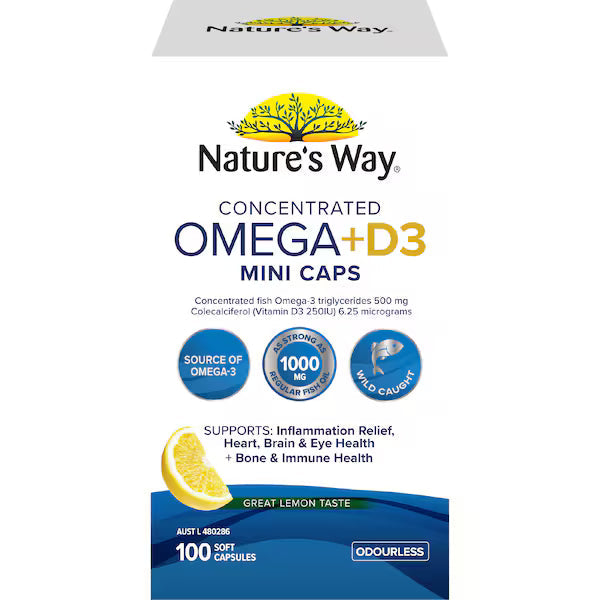 Nature's Way Concentrated Omega + D3 Mini Capsules 100 pack – high-strength fish oil supplement with vitamin D3 for heart, brain, and immune health.