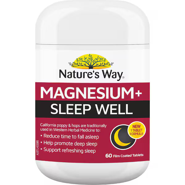 Nature’s Way Magnesium+ Sleep Well Tablets 60 Pack bottle on a white background — dietary supplement for relaxation, better sleep, and muscle recovery.