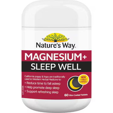 Nature’s Way Magnesium+ Sleep Well Tablets 60 Pack bottle on a white background — dietary supplement for relaxation, better sleep, and muscle recovery.