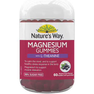 Nature’s Way Magnesium Gummies with L-Theanine 60 Pack — natural stress support and relaxation supplement in tasty chewable gummies.
