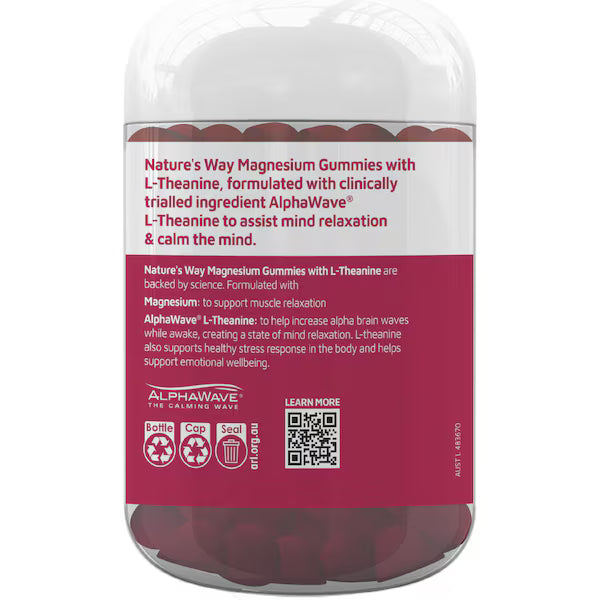 Nature’s Way Magnesium Gummies with L-Theanine 60 Pack — natural stress support and relaxation supplement in tasty chewable gummies.