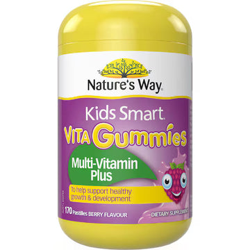 Nature’s Way Kids Smart Vita Gummies Multivitamin Plus 170 pack bottle with colorful fruit-shaped gummies for children’s daily vitamins and immune support.