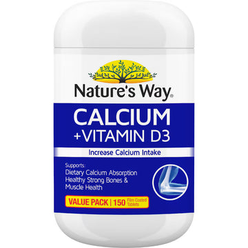 Nature’s Way Calcium + Vitamin D3 Tablets 150 Pack – Bone health and immune support dietary supplement in white bottle with green label.