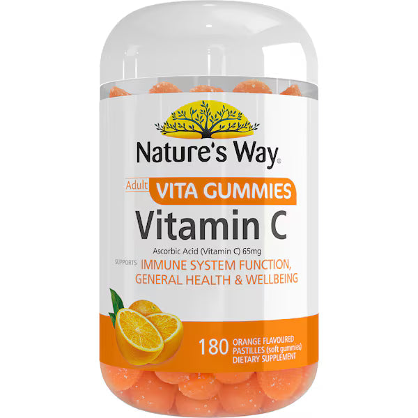 Nature's Way Adult Vita Gummies Vitamin C 180 Pack – chewable orange-flavored vitamin C gummies for immune support and antioxidant health, in a large family-size bottle.