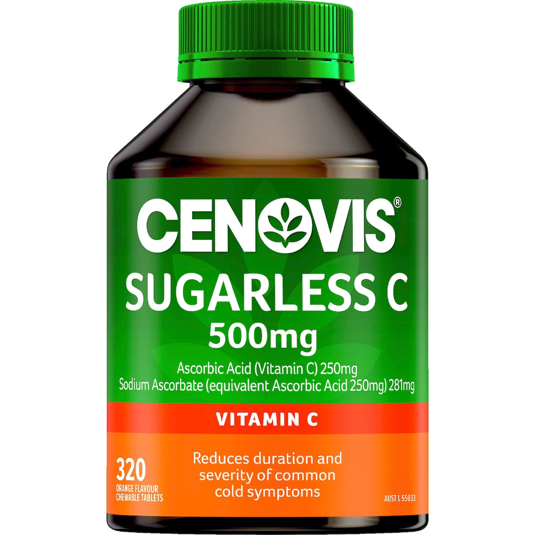 Cenovis Sugarless C Chewable Tablets 320 pack bottle – vitamin C supplement supporting immune health, orange flavor, sugar-free tablets.