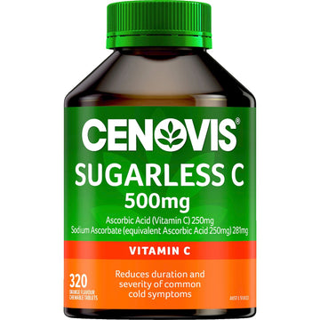Cenovis Sugarless C Chewable Tablets 320 pack bottle – vitamin C supplement supporting immune health, orange flavor, sugar-free tablets.