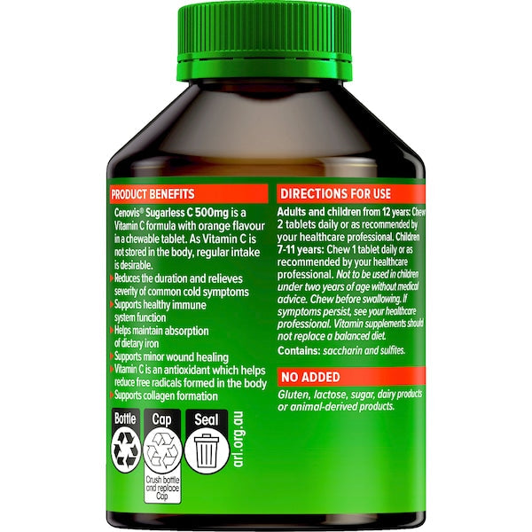 Cenovis Sugarless C Chewable Tablets 320 pack bottle – vitamin C supplement supporting immune health, orange flavor, sugar-free tablets.