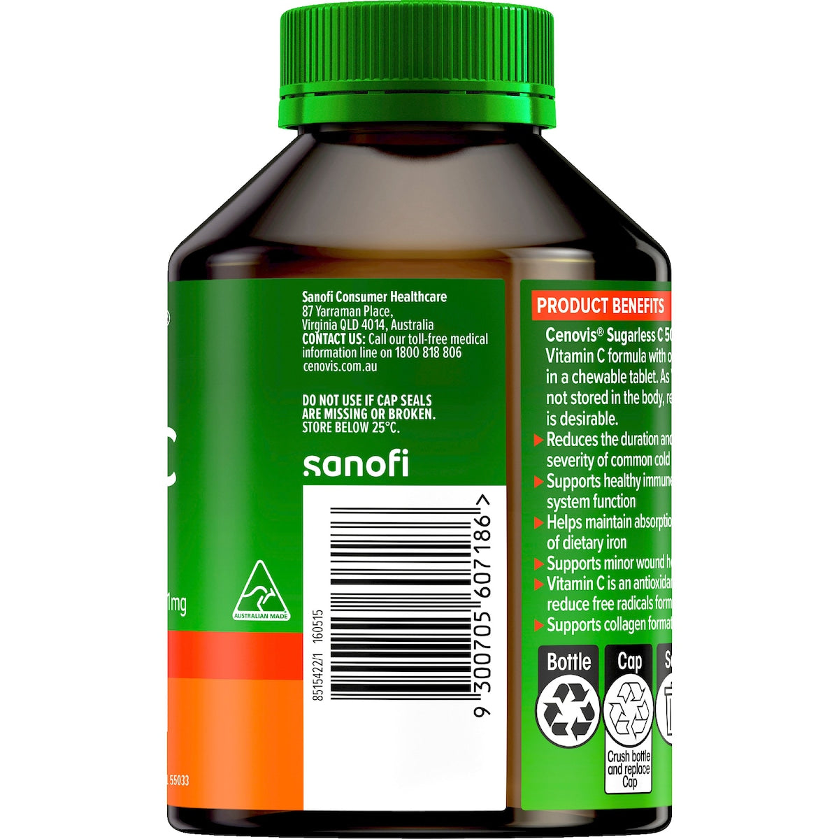 Cenovis Sugarless C Chewable Tablets 320 pack bottle – vitamin C supplement supporting immune health, orange flavor, sugar-free tablets.