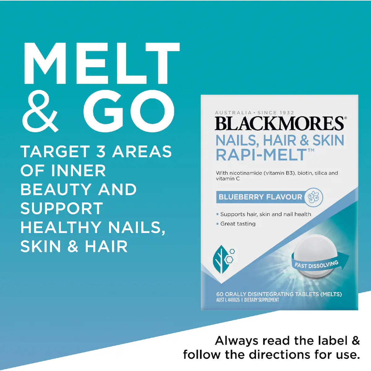 Blackmores Nails Hair & Skin Rapi Melt Blueberry Flavour Tablets 60 pack, view 4