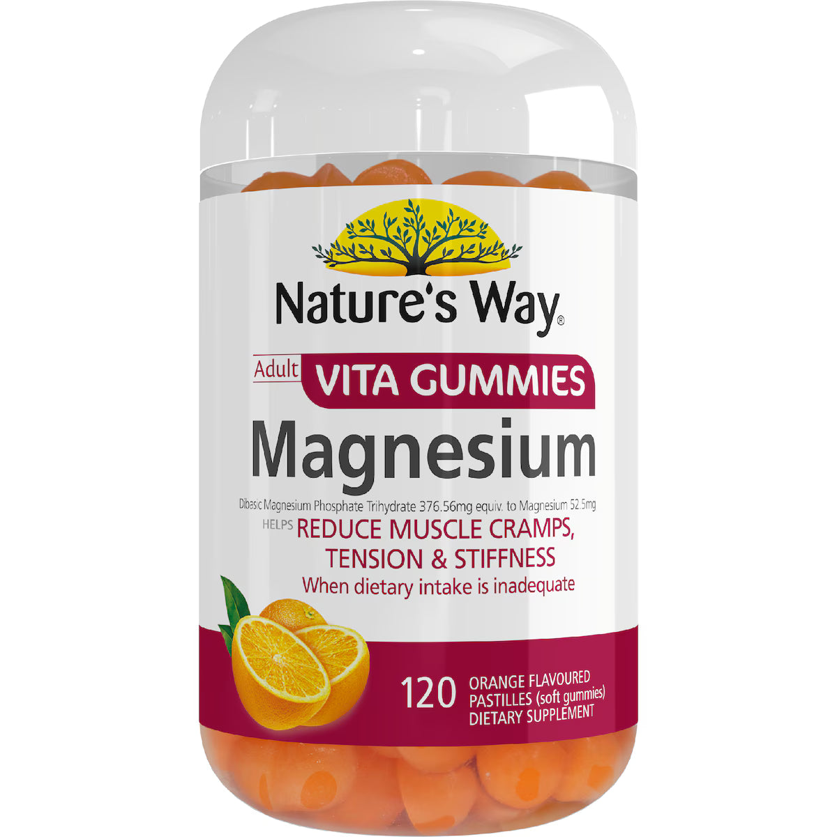 Nature’s Way Adult Vita Gummies Magnesium 120 pack bottle — magnesium supplement for adults supporting muscle function, relaxation, and energy levels.
