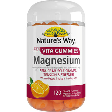 Nature’s Way Adult Vita Gummies Magnesium 120 pack bottle — magnesium supplement for adults supporting muscle function, relaxation, and energy levels.
