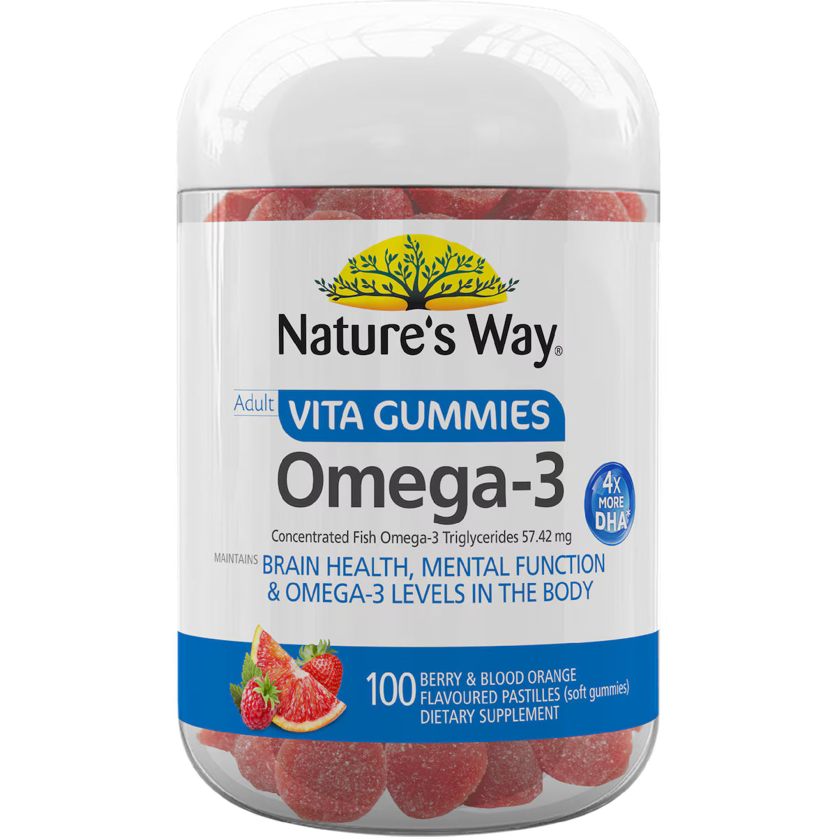 Nature's Way Adult Vita Gummies Omega 3 – Berry and Blood Orange flavour bottle, 100 pack – omega-3 supplement for adults promoting heart, brain, and eye health