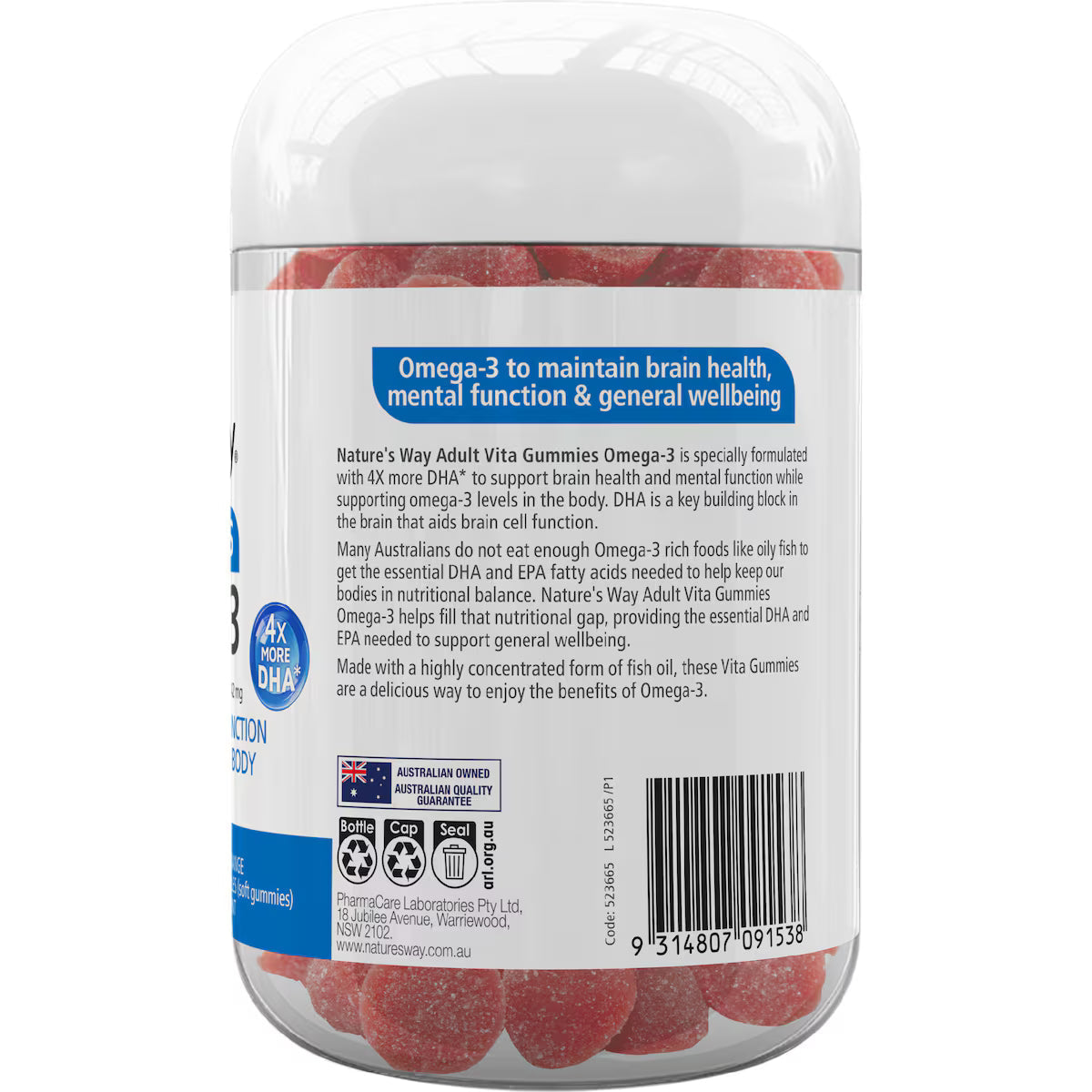 Nature's Way Adult Vita Gummies Omega 3 – Berry and Blood Orange flavour bottle, 100 pack – omega-3 supplement for adults promoting heart, brain, and eye health