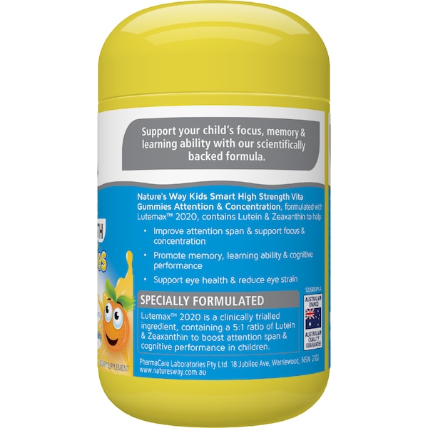 Nature's Way Kids Smart Vita Gummies Attention & Concentration 40 pack – children's dietary supplement with vitamins and omega-3 for focus and learning support