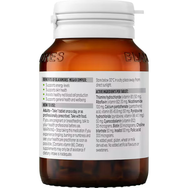 Blackmores Mega B Complex Energy Support Vitamin B12 Tablets 75 pack – high-strength B vitamin supplement for energy, metabolism, and nervous system support